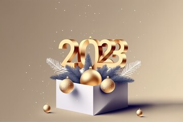 2023 which 3d Realistic Gift Box. Merry Christmas and Happy New Year 2023 greeting card celebrate party 2023.