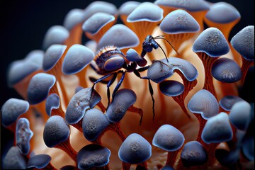 Fototapeta na wymiar ant queen, mushrooms, ultra up-close, macro photography, insane quality, insane detail, larger than life, epic, heroic