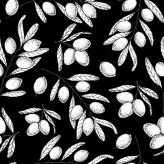 Olive branch seamless pattern. Hand drawn vector illustration. Design template. Healthy food illustration. Olive oil pattern.