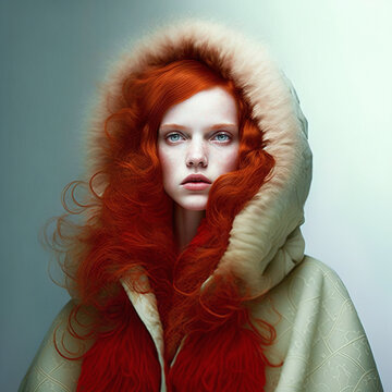 Beautiful young redhead woman wearing winter coat. AI generated image.