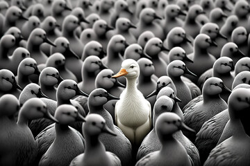 Obraz premium Standing out from the crowd, with white duck between many grey ones, Generative AI illustration