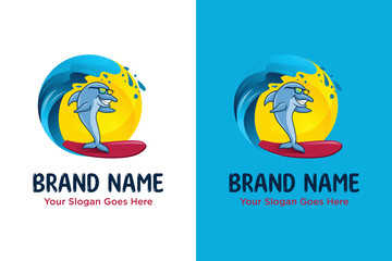 cool Dolphin surfing mascot illustration logo