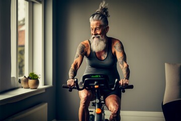 Illustration of a smiling healthy fit senior man with long grey hair beard moustache and tattoos practising indoors sport alone at home on an exercise bike made with Generative AI and digital painting