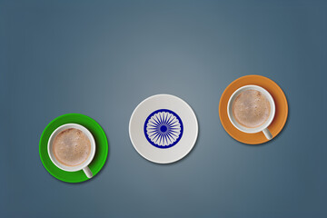 Top view of tea cups create a tricolor of Indian flag. Republic day of India. Independence day of India. India with coffee cups.