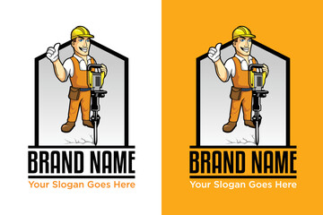 Construction worker with a handheld hydraulic breaker mascot logo
