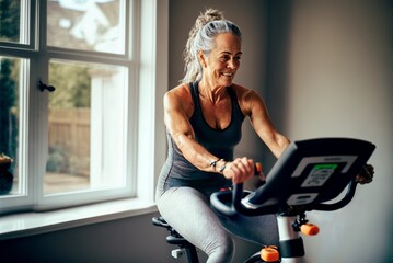 Digital illustration of a smiling happy healthy fit slim senior woman with long grey hair practising indoors sport alone at home on an exercise bike made with Generative AI and digital painting