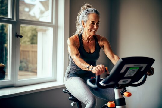 Digital illustration of a smiling happy healthy fit slim senior woman with long grey hair practising indoors sport alone at home on an exercise bike made with Generative AI and digital painting