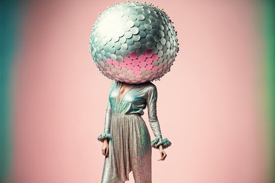 Hipster fashioned woman with discoball head. Generative AI