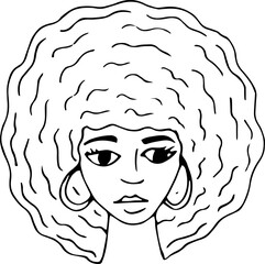 Hand drawn portrait icon of a young african woman. Isolated on a white background. Vector illustration, doodle style.
