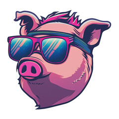 Cartoon Pig wearing sunglasses isolated on transparent background, 