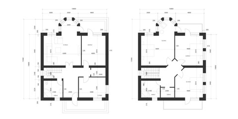 Architectural plan of a two-storey manor house with a terrace. The layout of an individual two-storey house with three bedrooms, kitchen, living room, two bathrooms, dressing rooms and pantries.