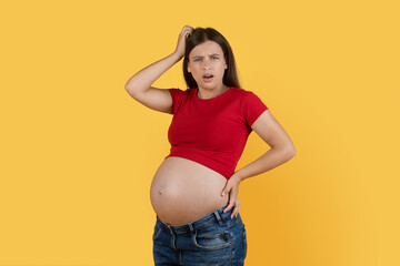 Portrait Of Confused Young Pregnant Woman Scratching Head And Looking At Camera