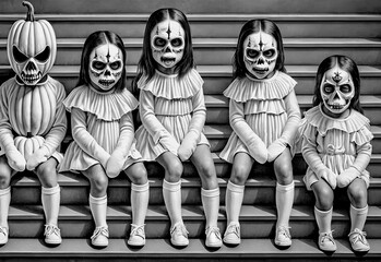 girls with spooky halloween masks generative AI illustration