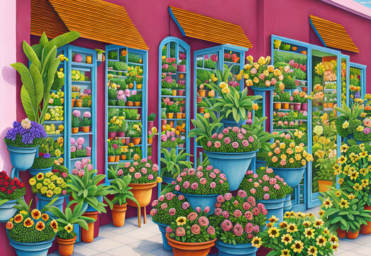 Flower Shop Exterior With Plants Generative AI Illustration