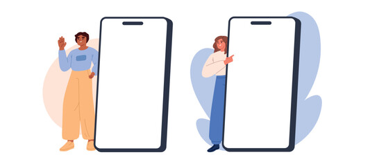 Connection concept. Man and woman use phone. Happy people holding mobile for advertisement. Vector promotional smartphone illustration