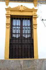 The beautiful exterior facade with a wooden door in the historic of Cordoba Spain