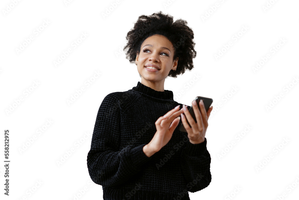 Wall mural a positive curly-haired woman smiles portrait uses a telphone, isolated transparent background.