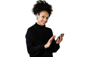 A positive curly-haired woman smiles portrait uses a telphone, isolated transparent background.