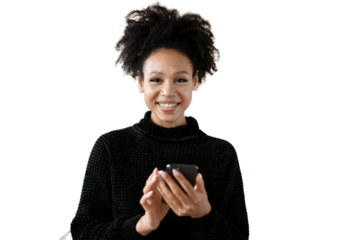 Curly-haired woman smiling portrait uses a telphone, isolated transparent background.