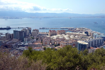 View towards the Rock of Gibraltar from Mid Harbour small boats marine, 2020