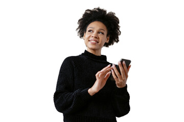 A positive curly-haired woman smiles portrait uses a telphone, isolated transparent background.