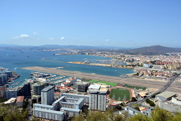 View towards the Rock of Gibraltar from Mid Harbour small boats marine, 2020