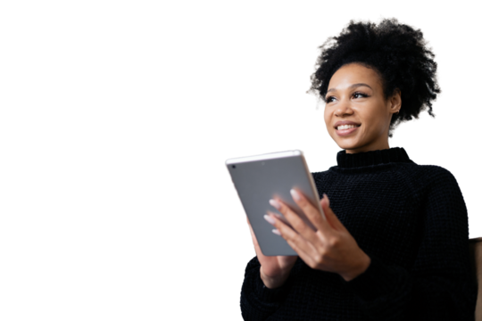 A female freelancer positive curly smiling uses a tablet, isolated transparent background.
