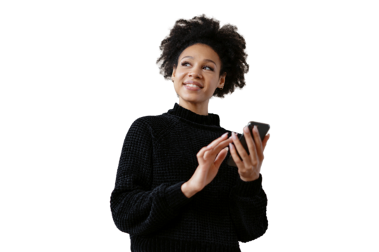 A positive curly-haired woman smiles portrait uses a telphone, isolated transparent background.