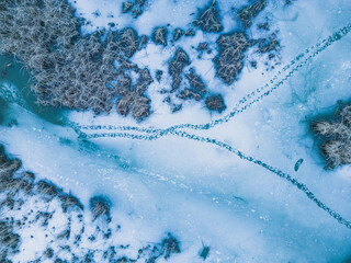 Panoramic aerial view of a frozen lake with animal footprints. Animal tracks on the frozen surface of the lake