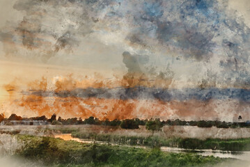 Digital watercolour image of Stunning landscape sunset image of Somerset Levels wetlands in England during Spring evening - obrazy, fototapety, plakaty
