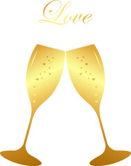 Two golden glasses with hearts and the text love.