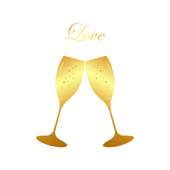 Two golden glasses with hearts and the text love.