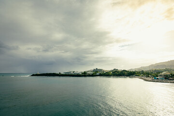 Sunrise over exotic Caribbean Sea location on the shoreline of Dominican Republic