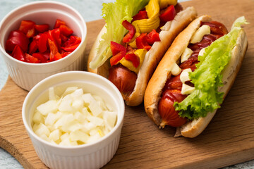 Homemade Hot Dogs with onions and peppers