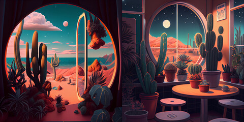Surreal illustration of interior and exterior composition in desert space with cactus 