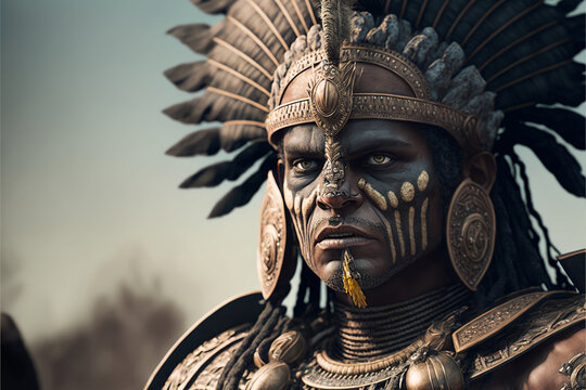 Native American portrait Mayan warrior, Aztec, Incas, Indian tribe man, ancient civilization, ai generated