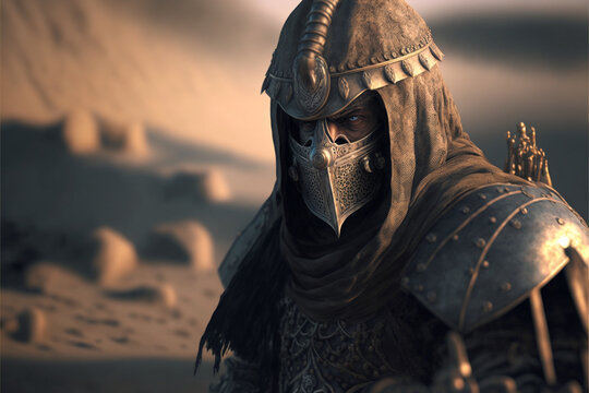 Persian warrior in the desert dressed in armor, medieval art, confident look, ai generated