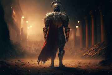 Roman legionnaire stands with his back, gladiator in armor, devastation, antiquity, ai generated