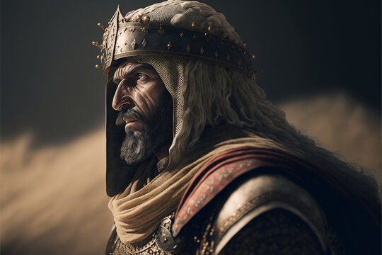 Persian warrior in the desert dressed in armor, medieval art, confident look, ai generated