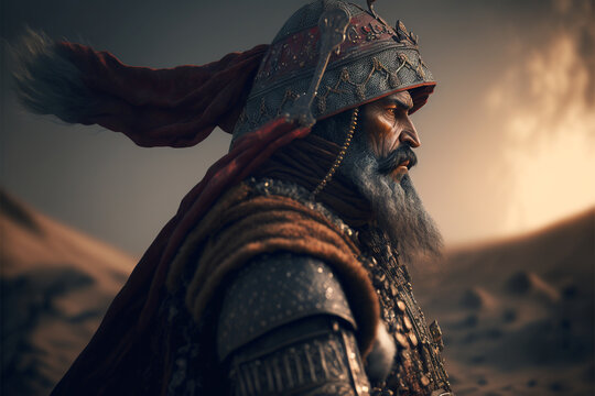 Persian warrior in the desert dressed in armor, medieval art, confident look, ai generated
