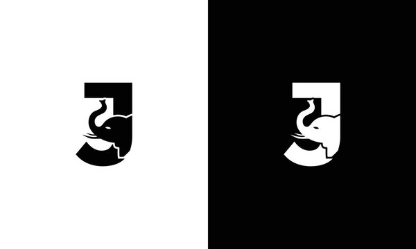Initial letter J with elephant shape line art. Modern Elephant J Letter Alphabet Logo Design.