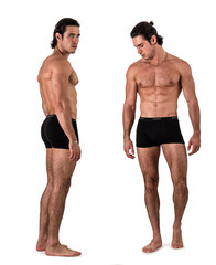 Two views of muscular shirtless man: front and profile shot,
