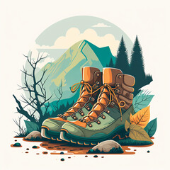 Hiking boots on a mountain. Generative Ai. - 558216309