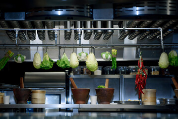 Professional kitchen equipment with hung vegetables on the bar. Cauliflower, lettuce, red pepper, asparagus are hung in a modern kitchen.