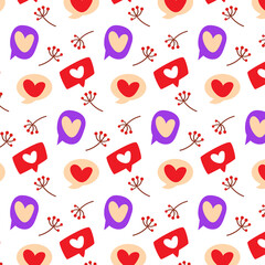 Seamless pattern of love. Happy Valentine's day. Hand-drawn doodles on white background. Cute hearts, messege