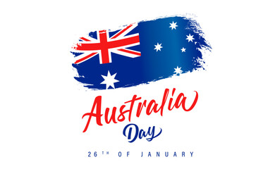 Happy Australia Day lettering and grunge flag. Patriotic country flag and text isolated on white background for Australia Day, 26th of January. Vector Illustration