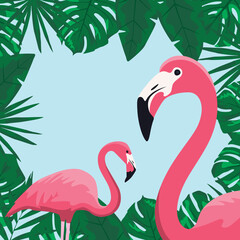 Illustration of two flamingos on the background of monstera, palm and fern leaves. Tropical background in the form of a flamingo in the jungle