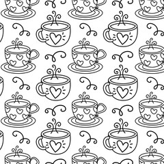 Seamless pattern cute objects and elements for Valentine's Day. Sweets for lovers, tea drinking. Doodle, coloring page
