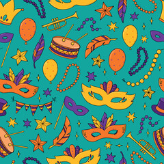 Naklejka na ściany i meble Mardi Gras and carnaval seamless pattern with doodles for prints, wrapping paper, scrapbooking, stationary, wallpaper, textile, etc. EPS 10