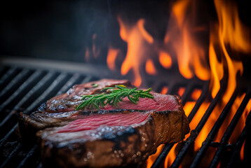 bloody steak with a sprig of rosemary on a flame background. Shallow depth of field